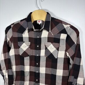 Levis Mens Western Plaid Pearl Snap Button Down Shirt Brown Black White Large